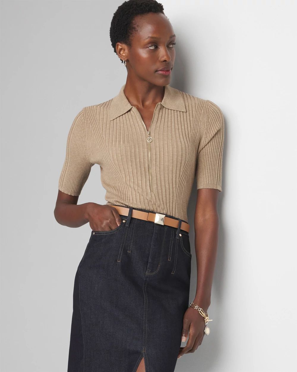 White Half Zipper Ribbed Blouse main image 0